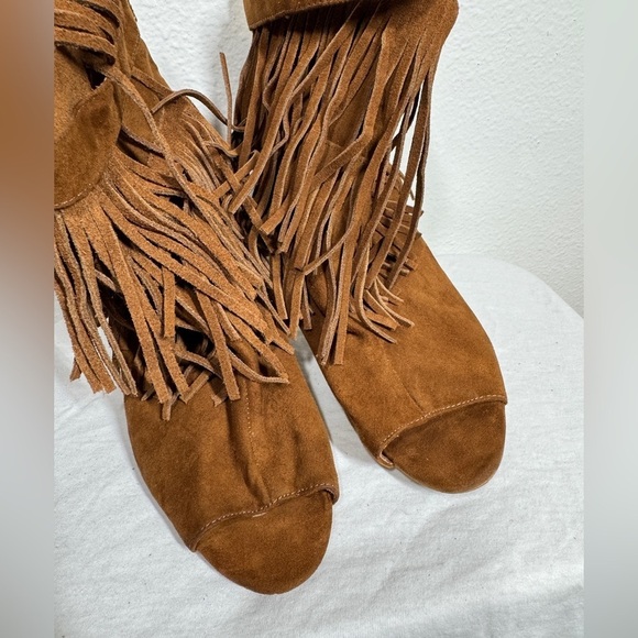 Express Brown Suede Leather Fringe Peep Toe Heeled Boho Western Booties Size 9 - Picture 8 of 11